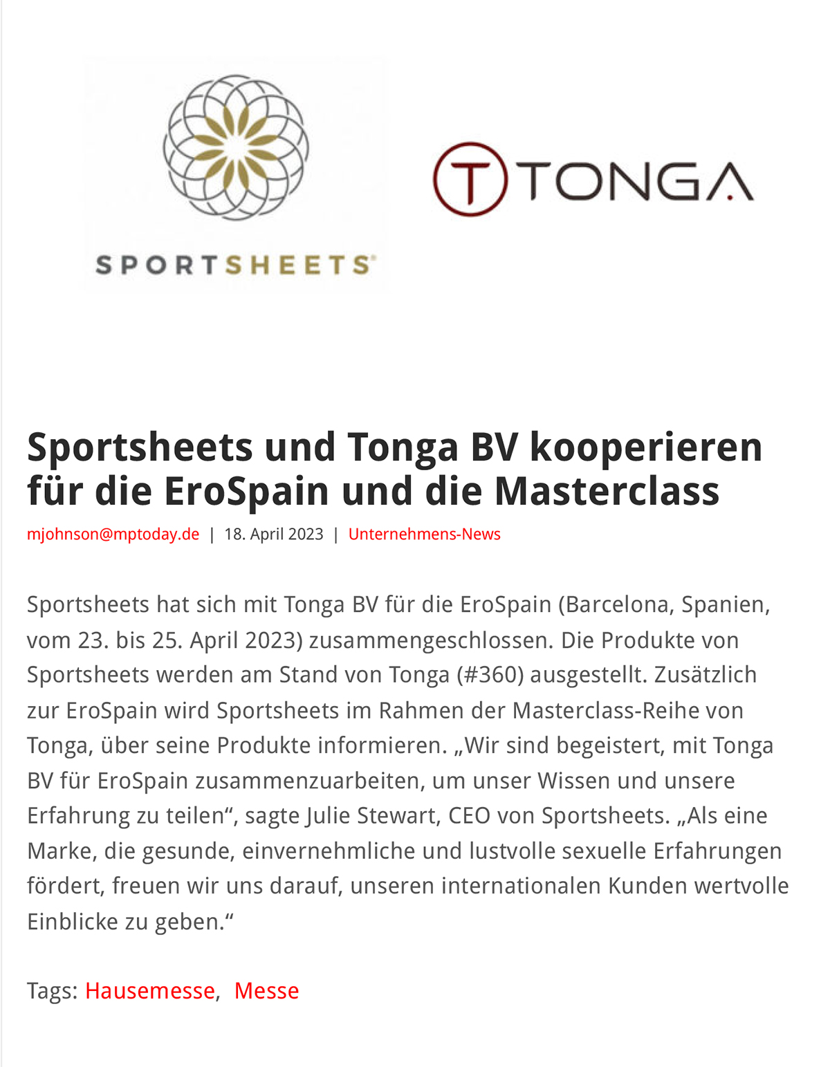 2023-04 eLine Online - Sportsheets und Tonga BV kooperieren für die EroSpain und die Masterclass